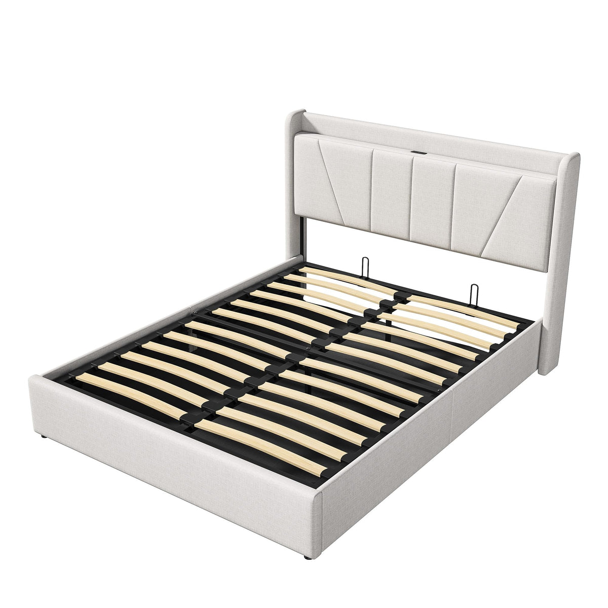 Cama tapizada de 160 x 200 cm, cama doble LED con espacio de almacenamiento, cabecero y función de carga USB C, cama de almacenamiento hidráulico, respaldo con somier de láminas de madera