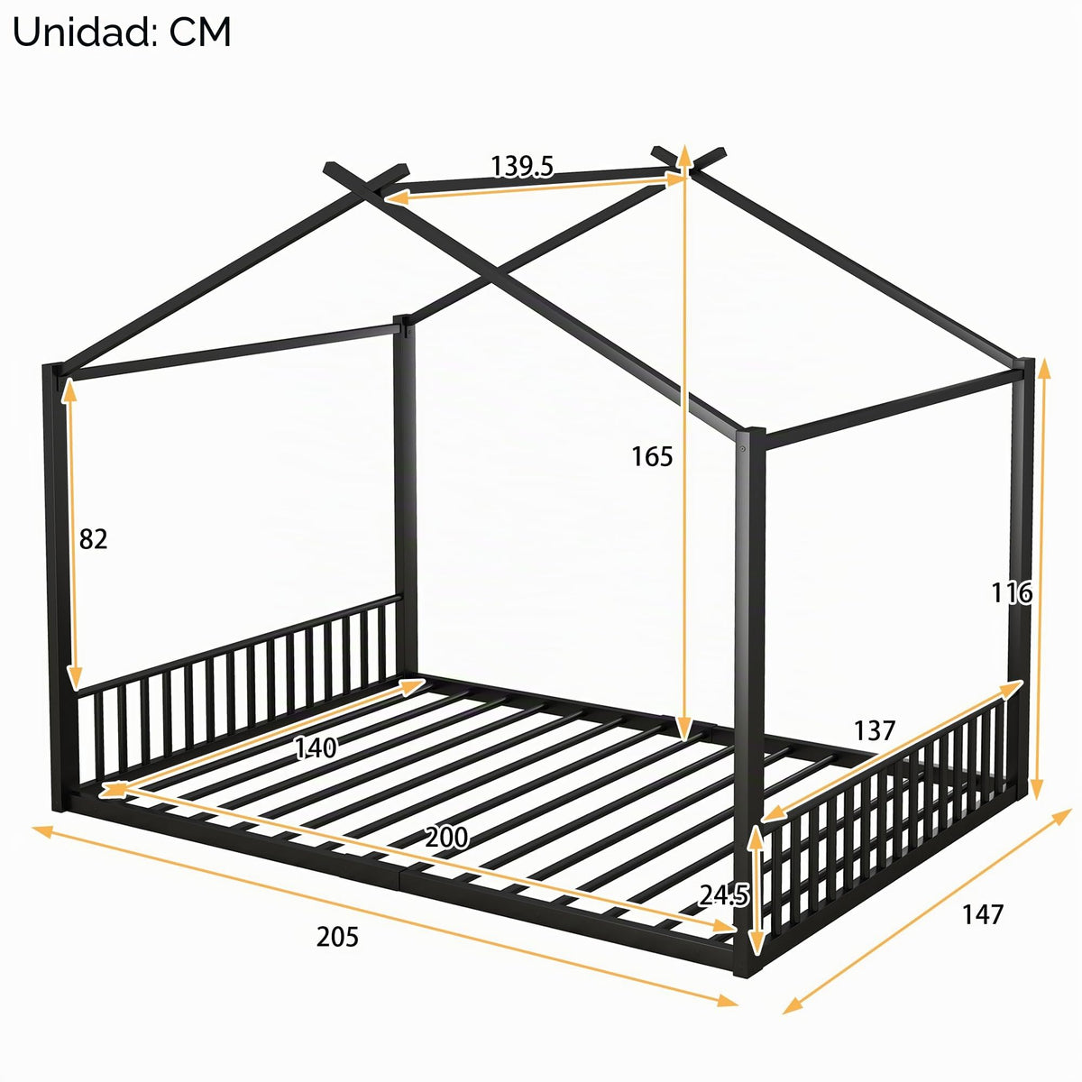 Cama infantil de 90 x 200 cm, dos camas de 90 cm con protección anticaídas, cama doble con modelado de casa, marco de hierro, color blanco, ideal para 2 niños