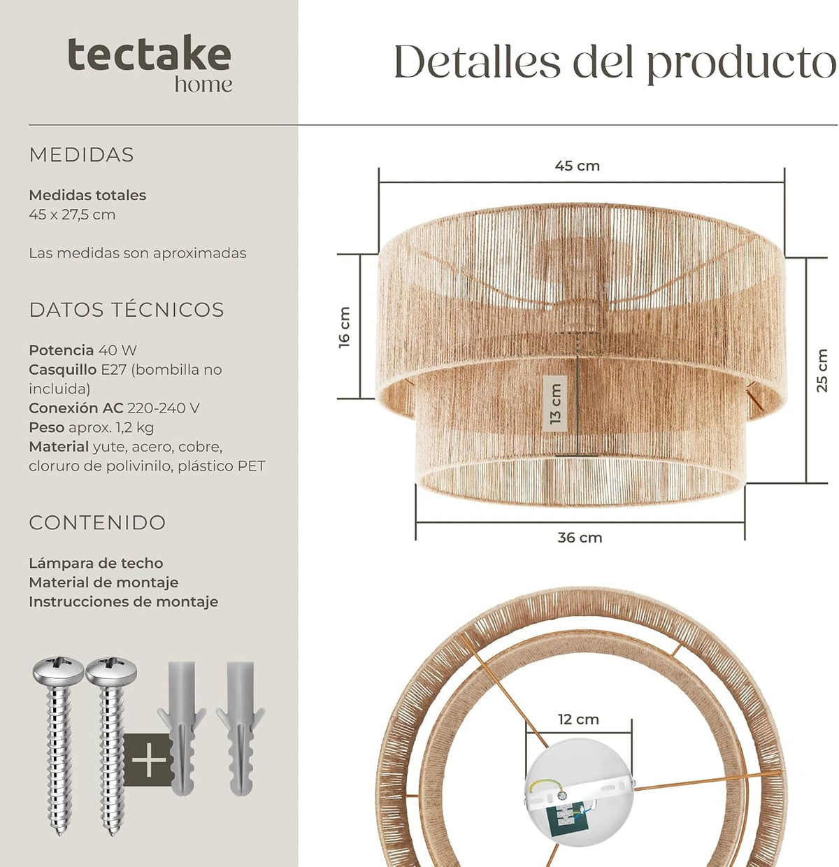 tectake® Lampara Techo Dormitorio Boho Artesanal en Yute Sostenible con Estructura de Acero, Lámpara de Techo Colgante Salón 40 W, Lampara Salon, Plafon - 45 x 45 x 27,5 cm