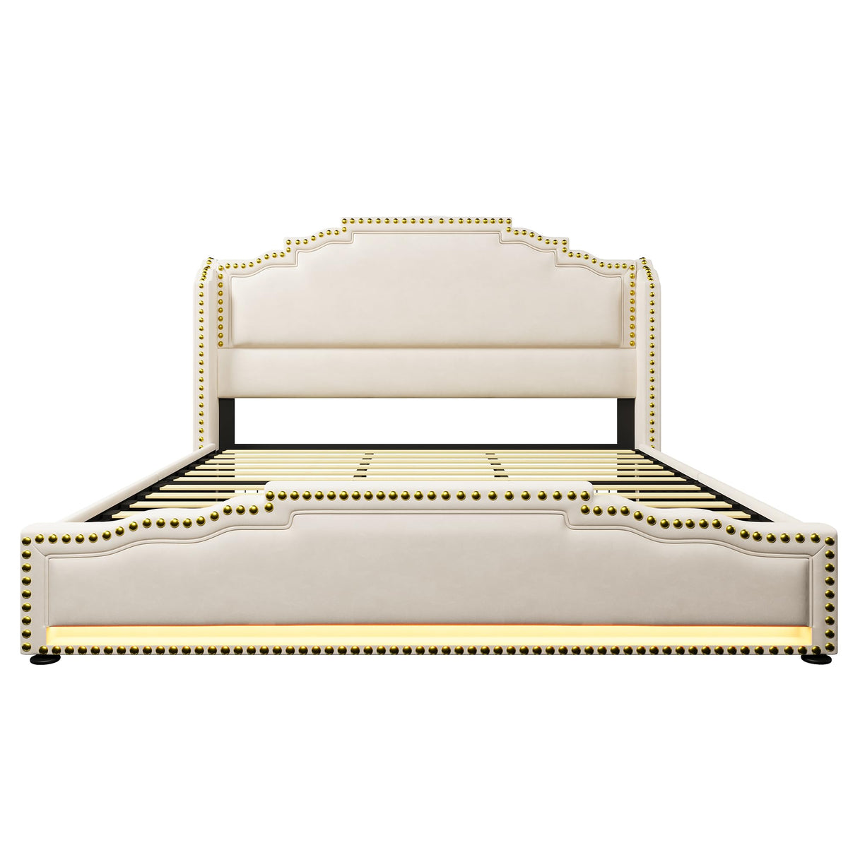 Cama tapizada de 160 x 200 cm, cama doble con 4 cajones, iluminación LED y puerto de carga USB-C, cama de almacenamiento y cama juvenil con somier, terciopelo, beige, sin colchón
