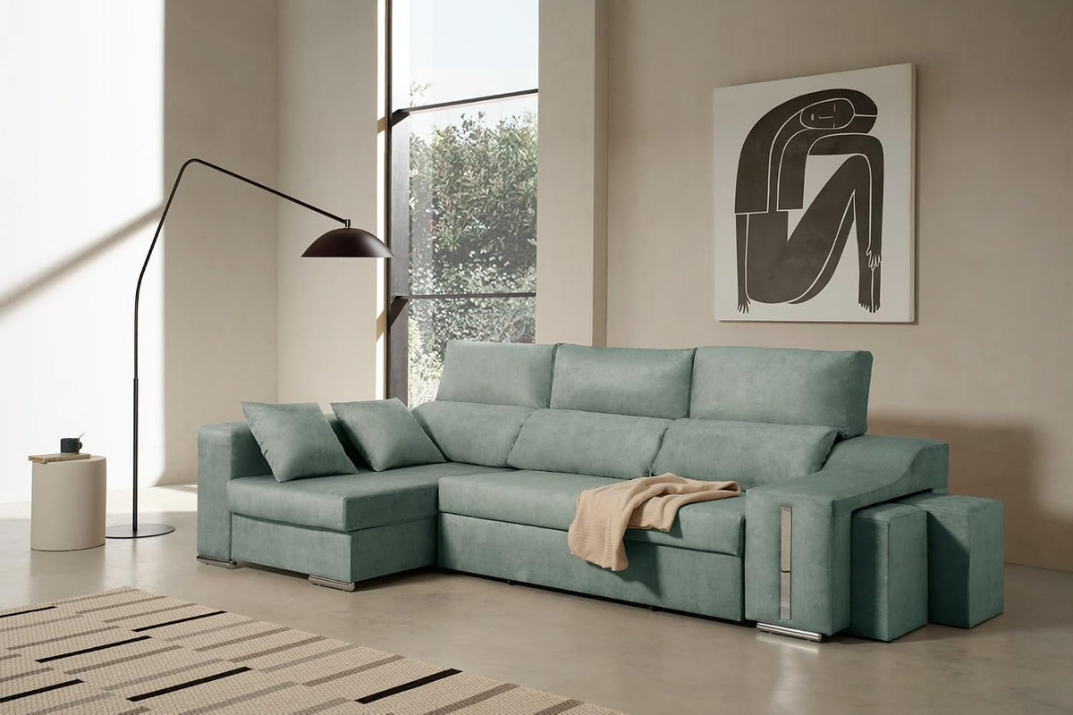 Sofa Chaise Longue Cama con Arcón y Puff Giuliana Agua Marina Izquierda