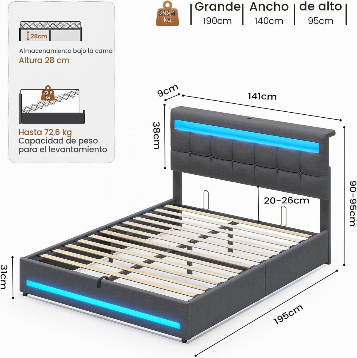 AOGLLATI Camas Matrimoniales 140x190 cm con Almacenamiento Hidráulico, Cama Canapé con Cabecero Ajustable, Estructura de Cama con Luces LED y Estación de Carga (USB y Tipo-C), Gris Oscuro