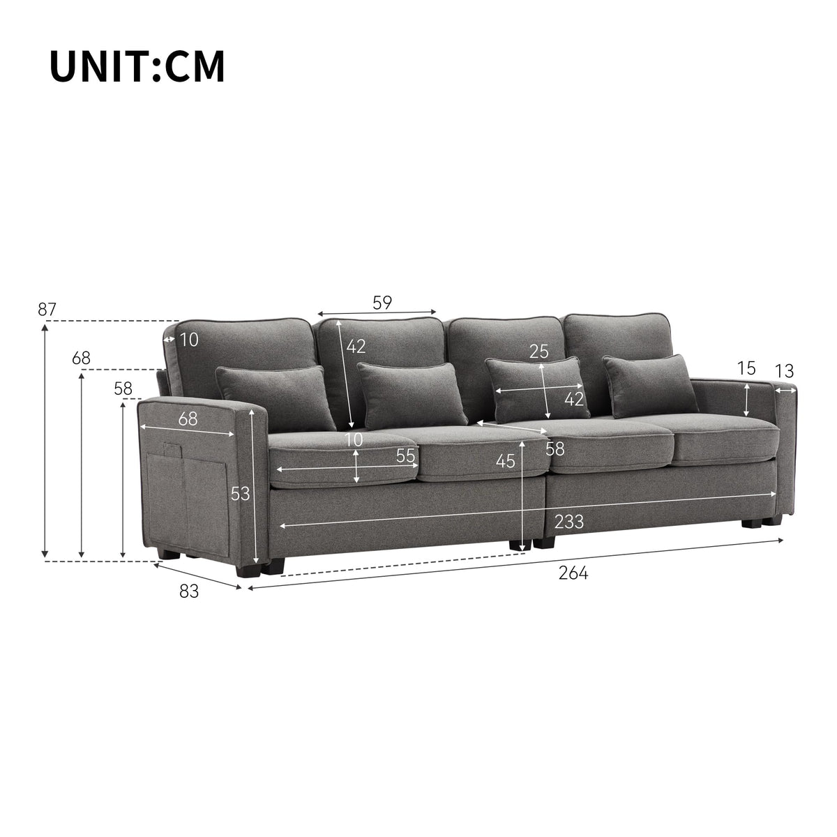 Sofá moderno de 4 plazas, en tejido de lino, soporte para bebidas, 2 puertos de carga USB con cable, bolsillos en reposabrazos y 4 cojines, sofá sencillo para sala de estar