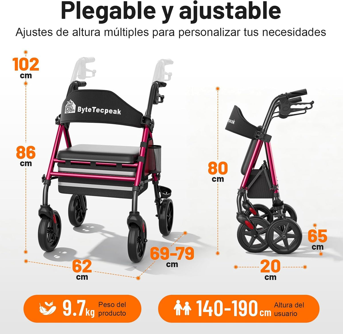 R4 Andador Plegable de 4 Ruedas con Asiento
