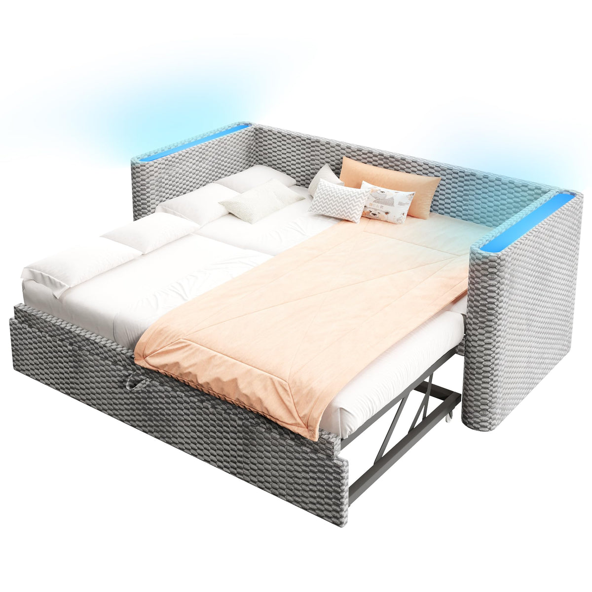 Moimhear Cama de día, diván cama, sofá cama, diseño de cama extensible multifuncional con tira de luz LED, somier de listones (sin colchón), terciopelo (beis, 90 x 200 cm+180 x 200 cm)
