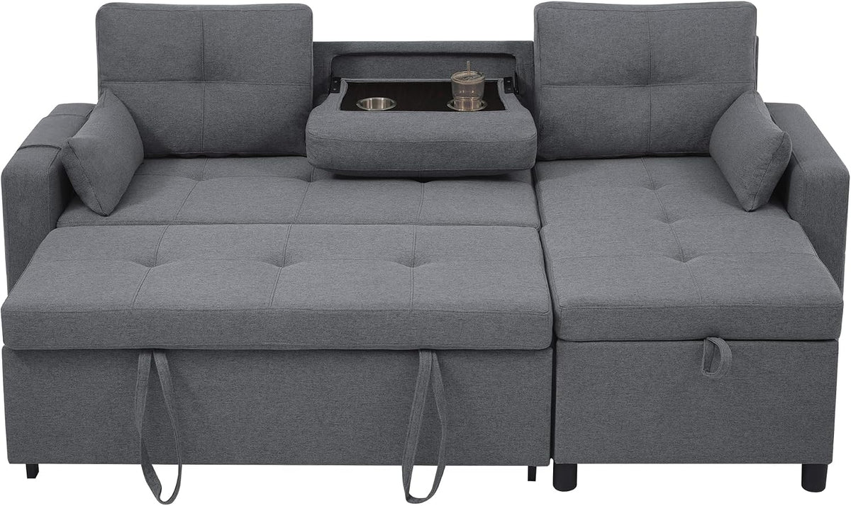 Bladez Sofá cama extensible en forma de L de lino con espacio de almacenamiento, soporte para bebidas, sofá modular de 3 plazas para salón (gris)