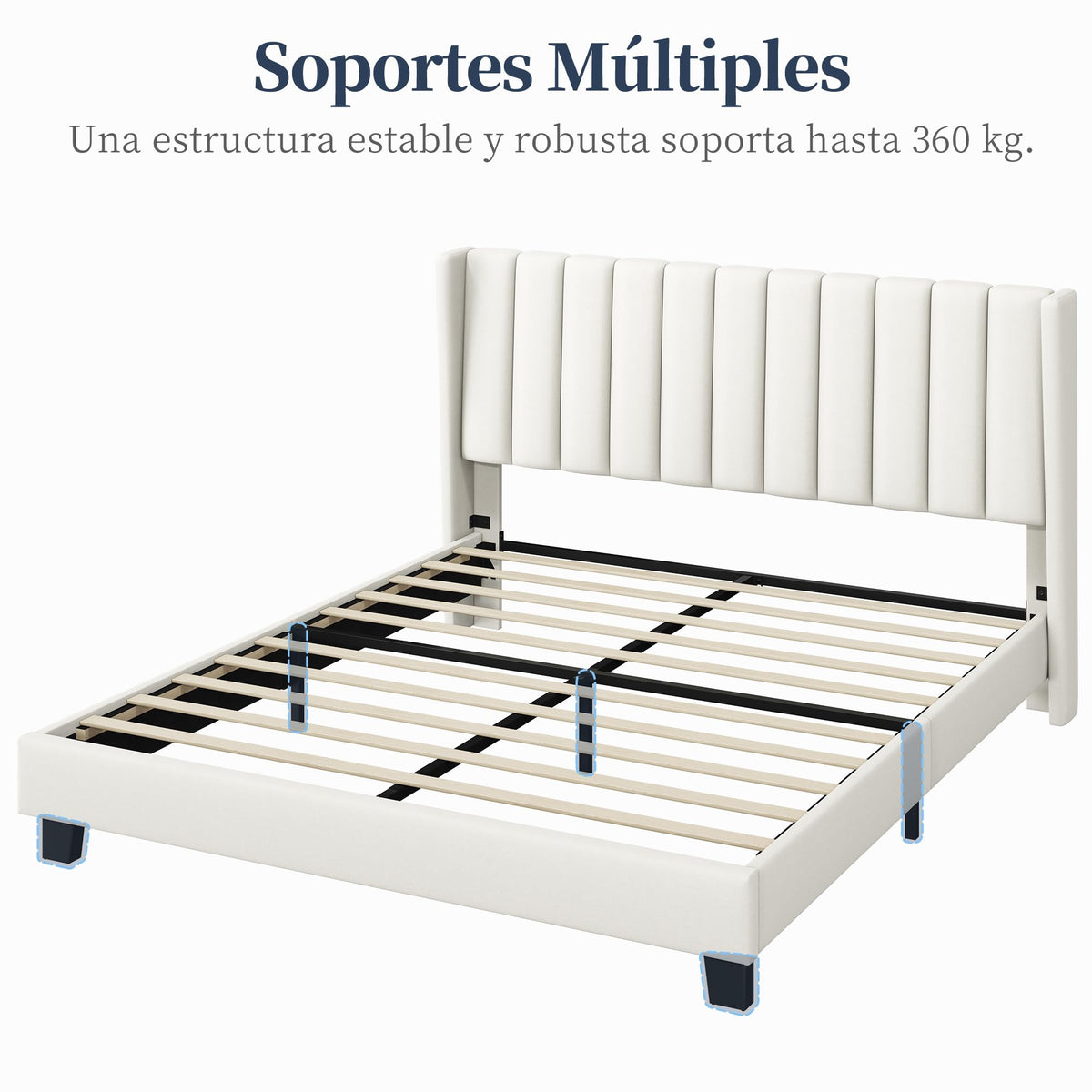 Yaheetech Cama Doble Tapizada 140 x 200cm con Somier de Lamas con Cabecero Rayado Moderno Estructura de Madera y Metal Marco de Cama para Adultos 2 Personas Beige
