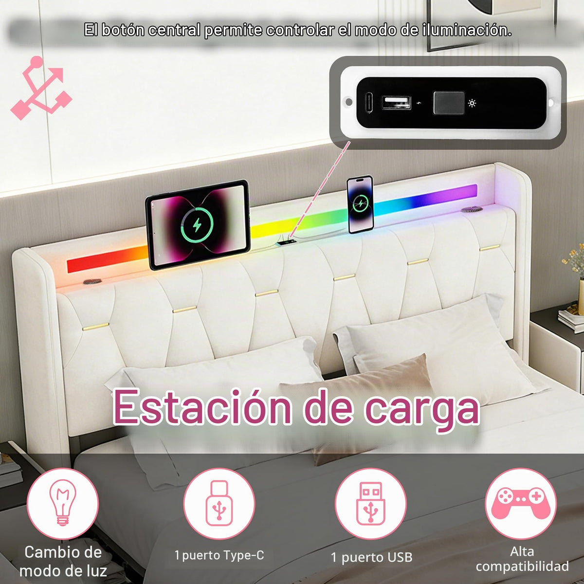 Estructura de Cama 140x200 cm con iluminación LED, Lino, Gris