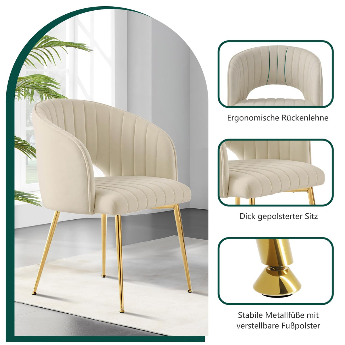 Juego de 6 sillas de comedor de terciopelo, sillas tapizadas con reposabrazos, patas doradas, sillas de cocina, para salón, dormitorio, oficina (6, blanco crema)
