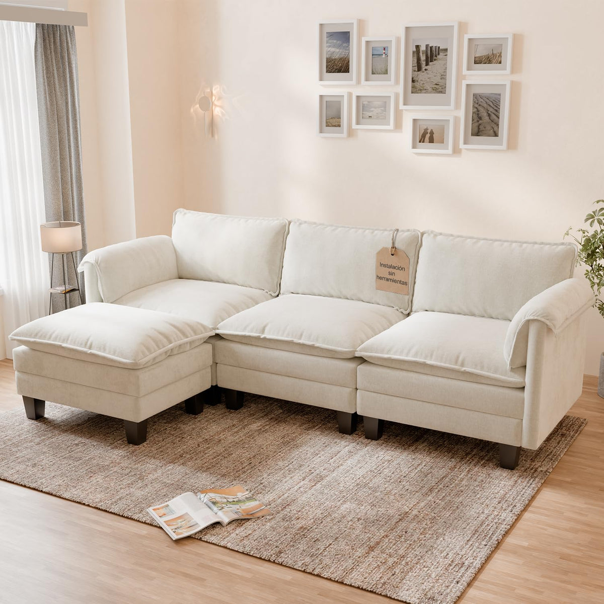 ELUCHANG Sofá Nube Modular 256cm, Sofá de 3 Plazas con Asiento Profundo 62cm, Montaje sin Herramientas, Sofá Moderno de Chenilla para Salón y Habitación, Gris Perla