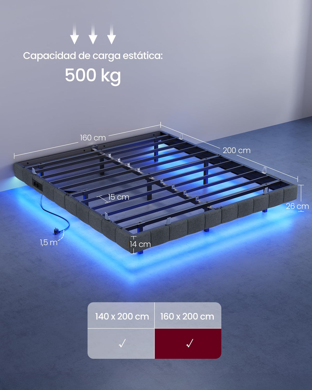 VASAGLE Marco de Cama Flotante, 140 x 200 cm, LED, 2 Tomas y 3 USB