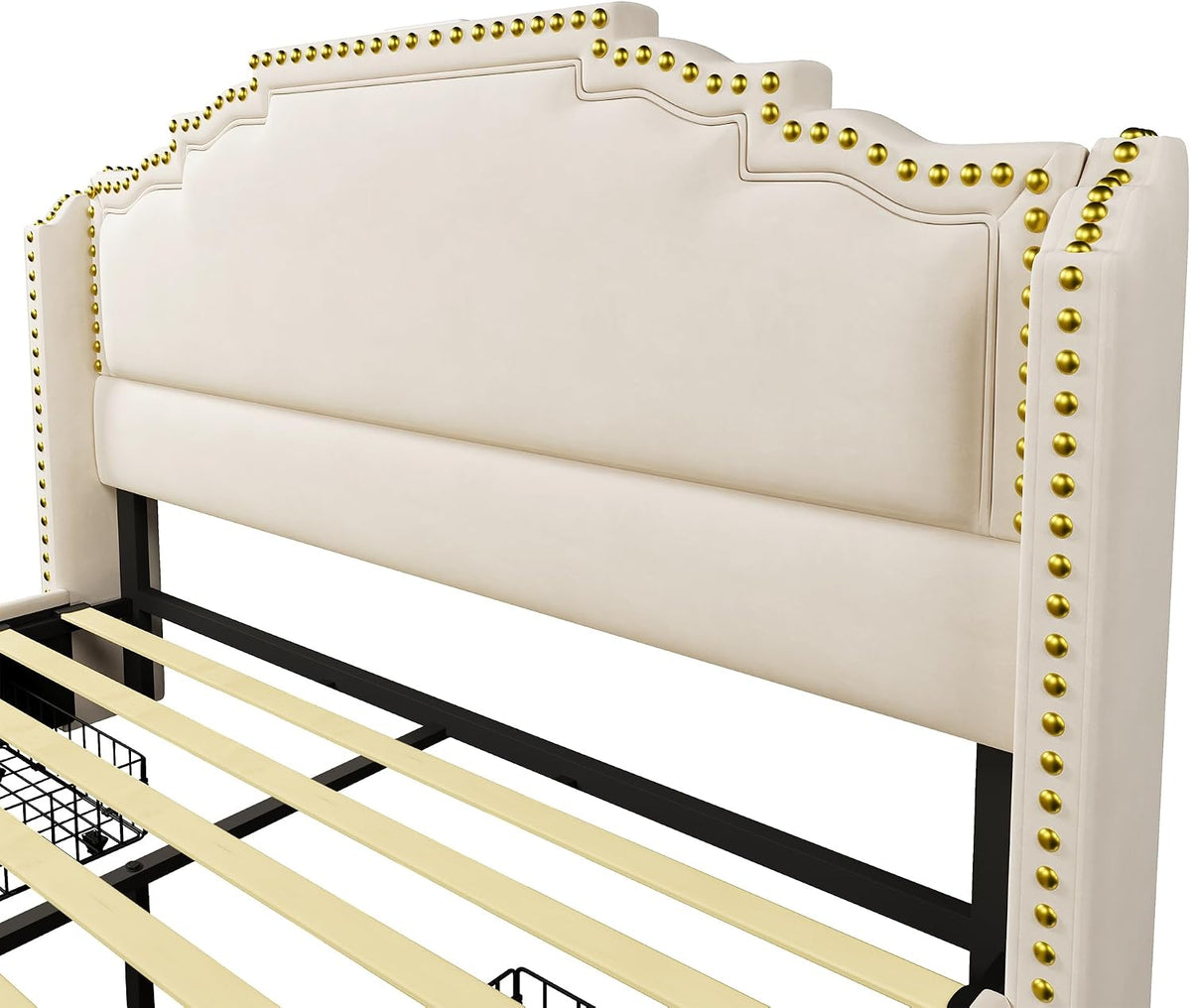 Cama tapizada de 160 x 200 cm, cama doble con 4 cajones, iluminación LED y puerto de carga USB-C, cama de almacenamiento y cama juvenil con somier, terciopelo, beige, sin colchón