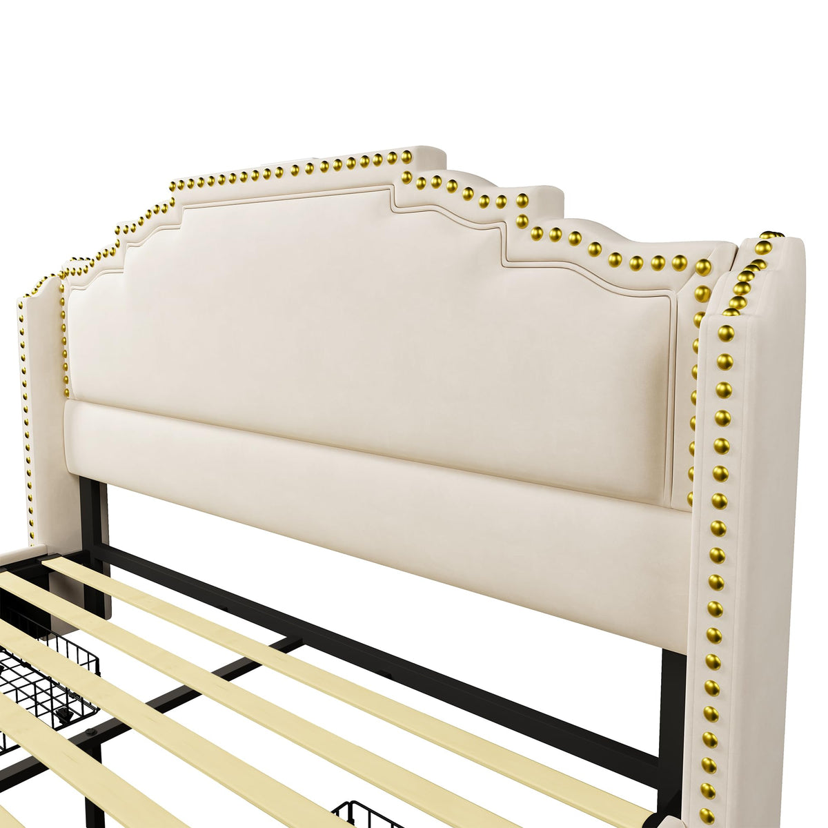 Cama tapizada de 160 x 200 cm, cama doble con 4 cajones, iluminación LED y puerto de carga USB-C, cama de almacenamiento y cama juvenil con somier, terciopelo, beige, sin colchón
