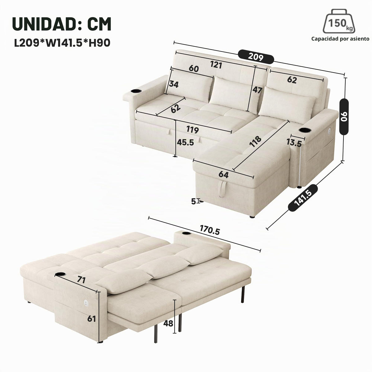 Bladez Sofá cama extensible en forma de L de lino con espacio de almacenamiento, soporte para bebidas, sofá modular de 3 plazas para salón (gris)