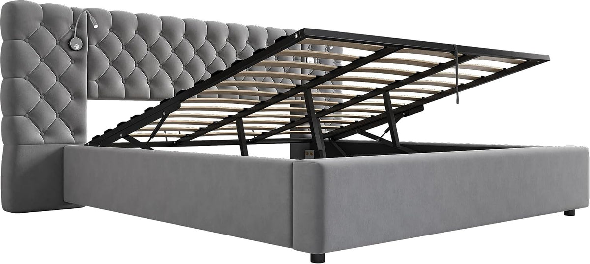 Cama Tapizada 180x200, Cama Doble con LED iluminación y Espacio de Almacenamiento, Hidráulica Modern Cama Matrimonio Juvenil con Cabecero Ancho y Suave y Somier, Gris, Terciopelo, Sin Colchón