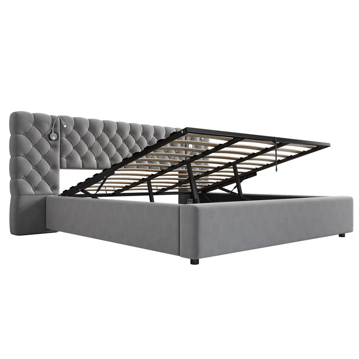 Cama 180x200 cm Camas Matrimoniales con LED y Lámpara de Noche, Cama Doble Tapizada con USB y Cabecero Ancho, Almacenaje Hidráulico, Soporte de Lamas de Madera, Terciopelo, Sin Colchón, Gris