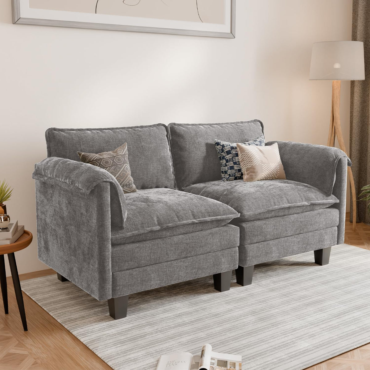 ELUCHANG Sofá Nube Modular 256cm, Sofá de 3 Plazas con Asiento Profundo 62cm, Montaje sin Herramientas, Sofá Moderno de Chenilla para Salón y Habitación, Gris Perla