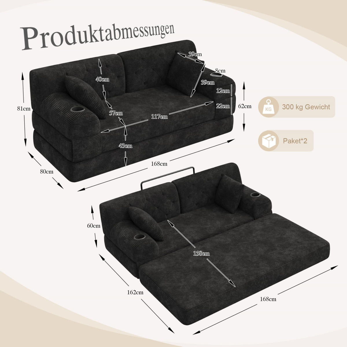 YEHTOKHOME - Sofá de Velor acanalado con respaldo alto y estructura metálica, sofá moderno de 2 plazas con 2 portavasos y 4 bolsillos laterales, para salón, dormitorio (Beige)