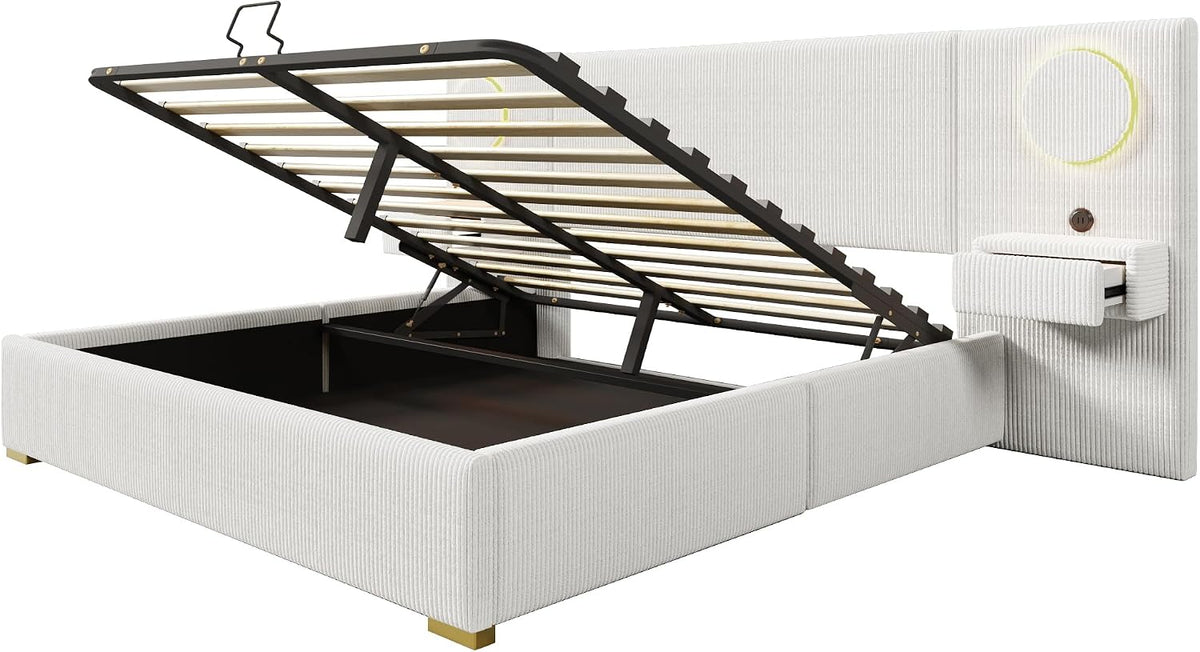 Moimhear Cama tapizada de terciopelo, cabecero LED, conectores USB, almacenamiento hidráulico