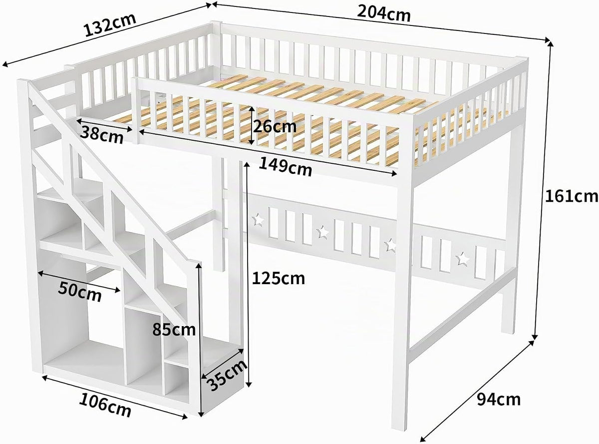 Cama alta, cama infantil, marco de cama con escalera, diseño de valla alta, almacenamiento, somier de láminas y zona de suspensión abierta, para niños y adolescentes, blanco (90x200 cm)