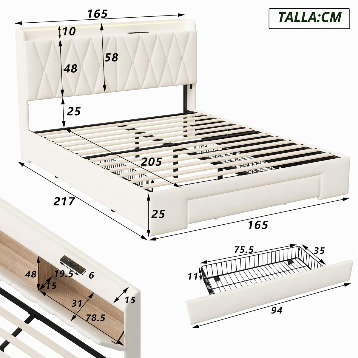 BRILVERDE Cama Tapizada 160x200 con Almacenamiento, Cama matrimonial con cajones, Cama Nido con LED, Cabecero Acolchado y Base de Láminas, Terciopelo (Beige, 160 x 200 cm)