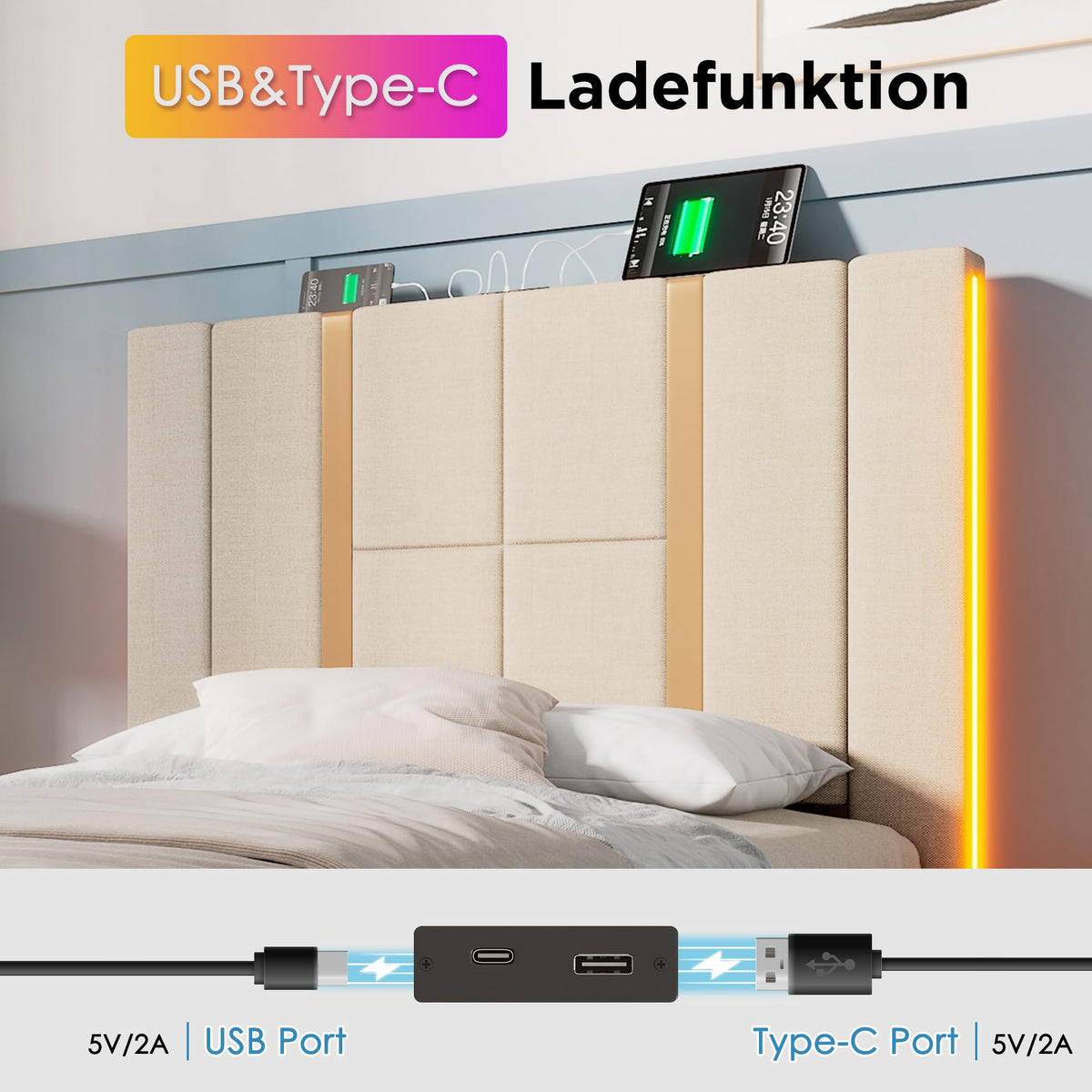 Cama tapizada doble USB tipo C función de carga APP Control LED 180 × 200 cm espacio espacio cama somier de láminas de madera, material de lino beige (sin colchón)