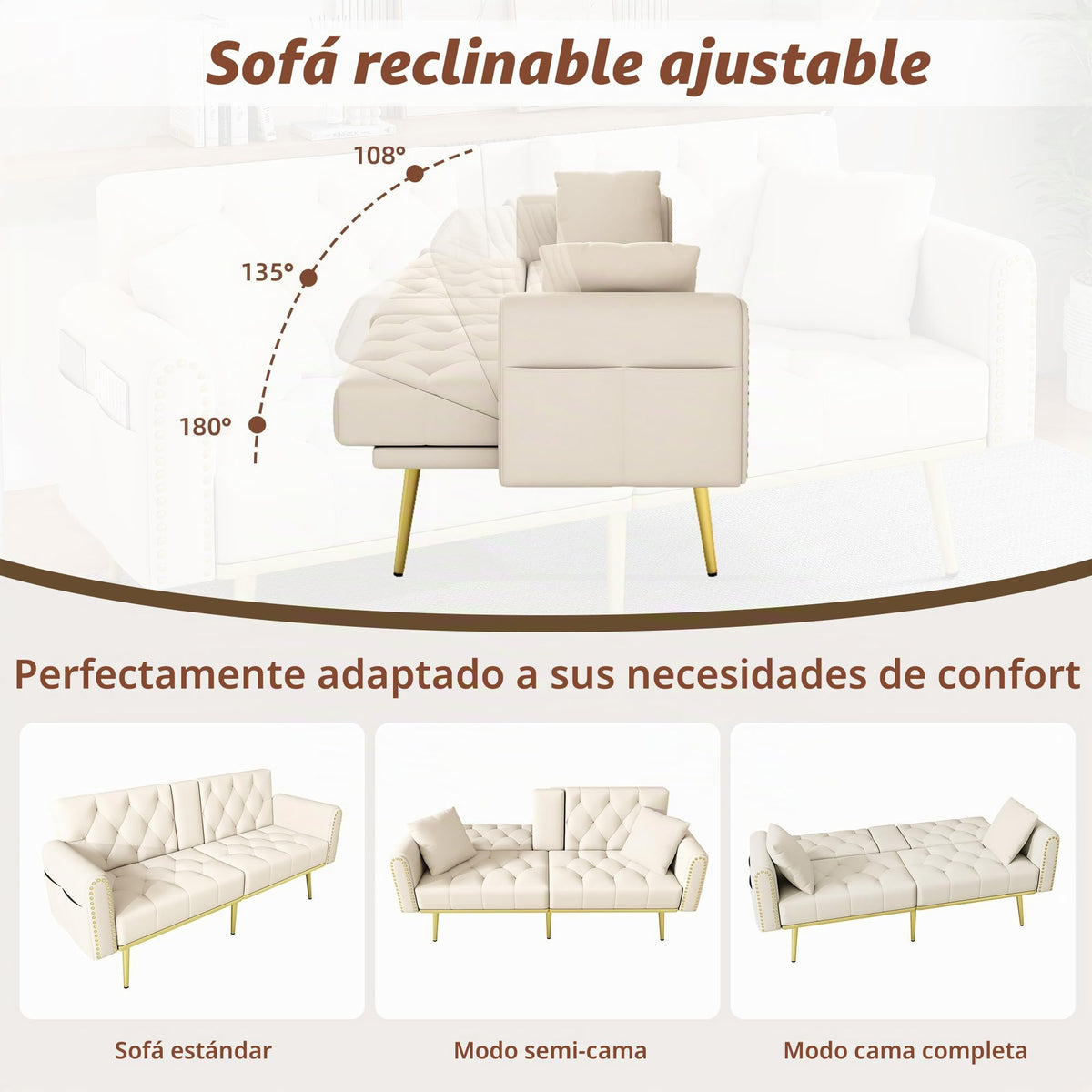 Azkoeesy Sofá cama de 2 plazas con soporte para bebidas, 175 cm, sofá cama con función de dormir, respaldo ajustable en 3 posiciones, patas metálicas doradas y remaches, para sala de estar y cine en