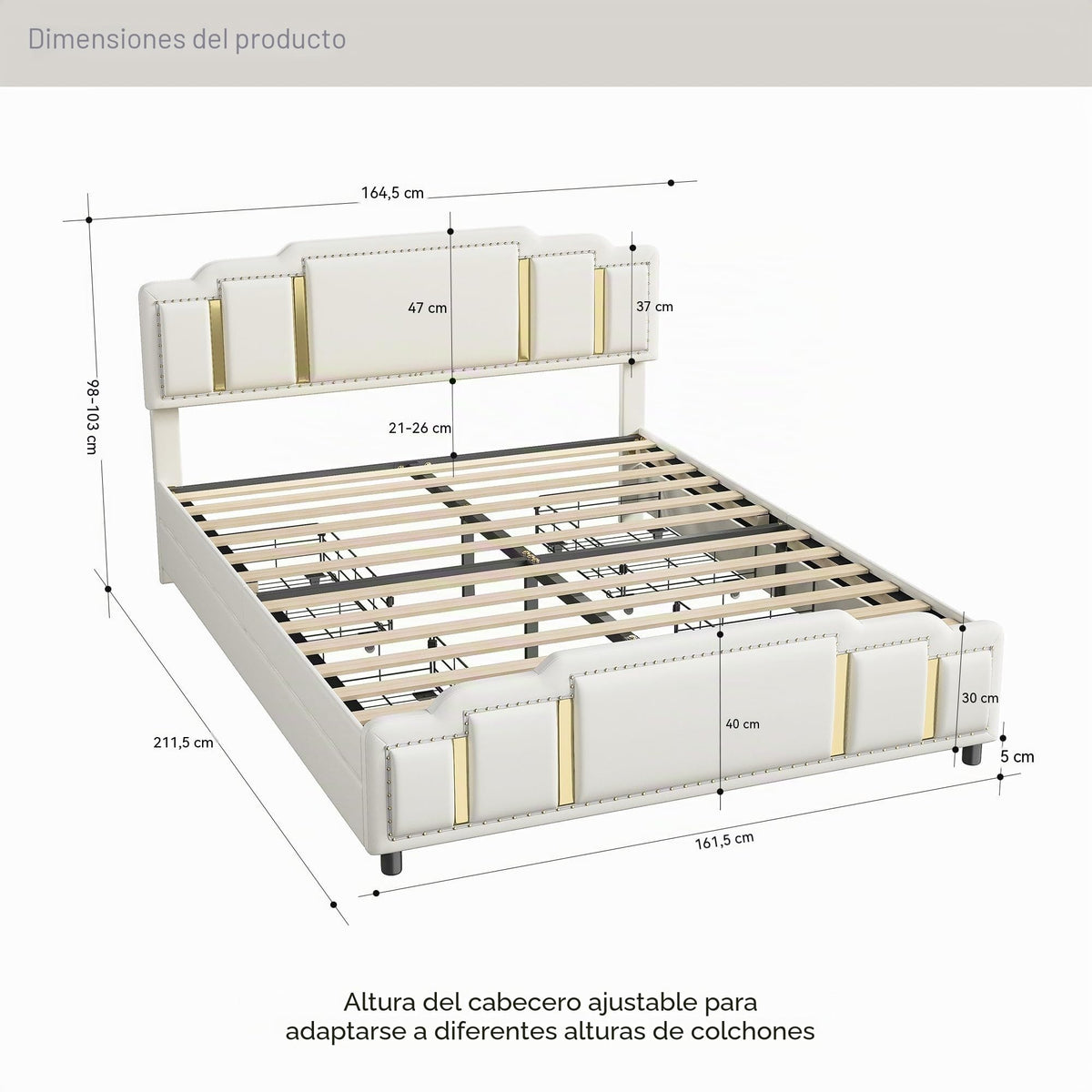Cama tapizada de 160 x 200 cm con espacio de almacenamiento e iluminación LED, cama doble hidráulica con detalles dorados, cama de terciopelo de lujo con sincronización de música y