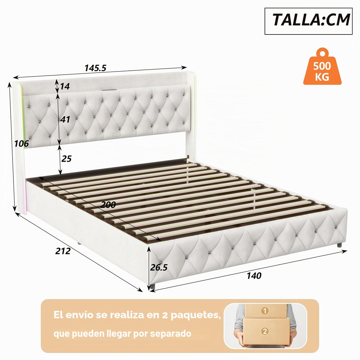 Cama tapizada de 160 x 200 cm, cama doble LED con espacio de almacenamiento, cabecero y función de carga USB C, cama de almacenamiento hidráulico, respaldo con somier de láminas de madera