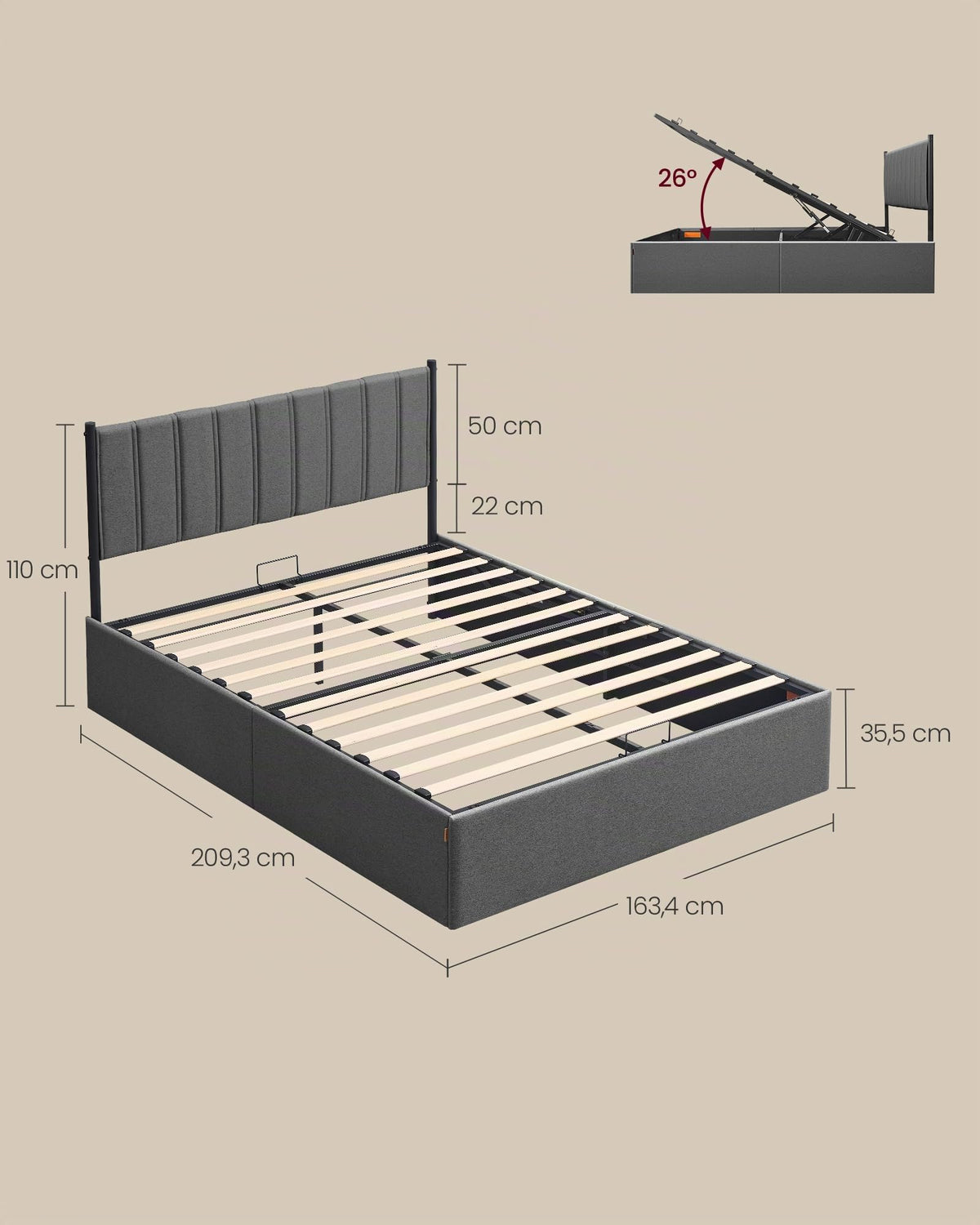 VASAGLE Estructura de Cama, 160 x 200 cm, Cama Elevable, 2 Personas, con Almacenaje, Cabecero, Sistema Hidráulico, Moderno y Minimalista, Fácil Montaje, Beige Capuchino RMB615LH01