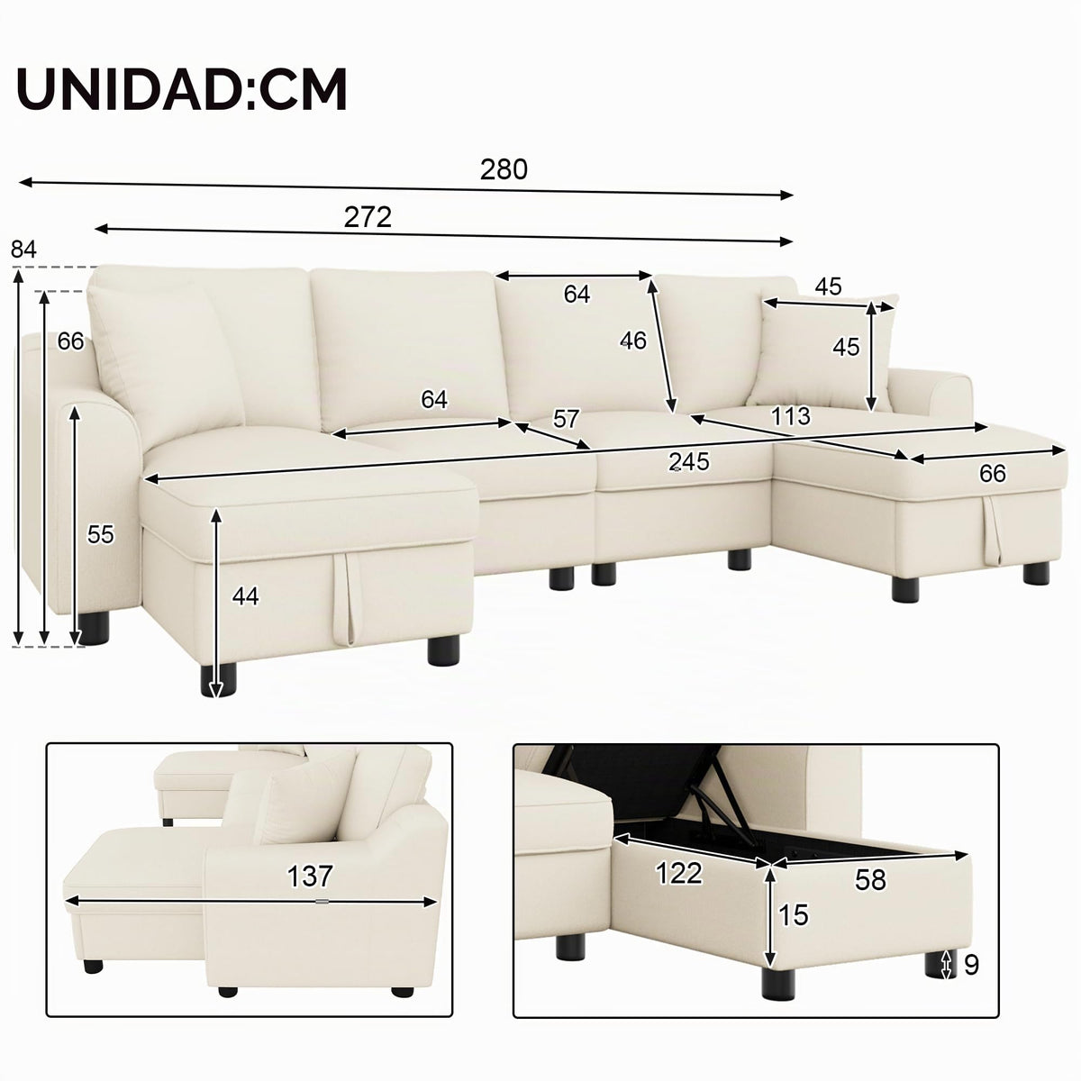 Sofá moderno de chenilla en forma de U con chaise longue, sofá esquinero de 4 plazas con espacio de almacenamiento, puerto USB y tipo C, modular, con soporte para bebidas y cojines suaves