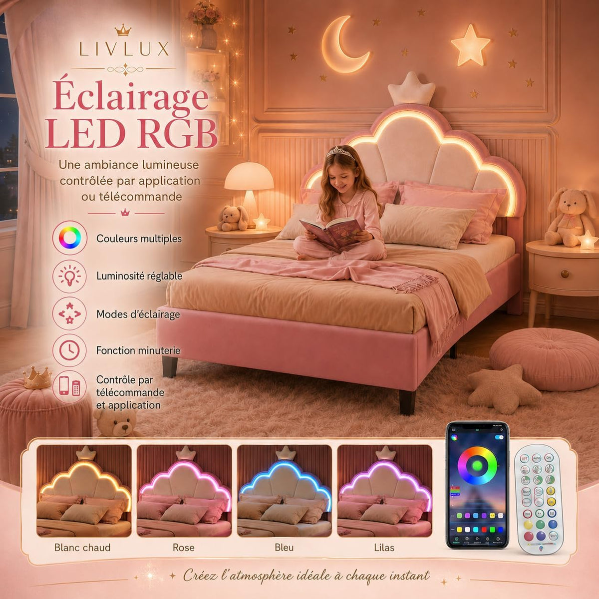 LIVLUX Cama Tapizada 90 x 200 cm, Cama Princesa con Cabezal LED Ajustable y Somier de Lamillas, Cama para Niña, Diseño en Forma de Corona para Niños y Adolescentes (Rosa, 90 x 200 cm)
