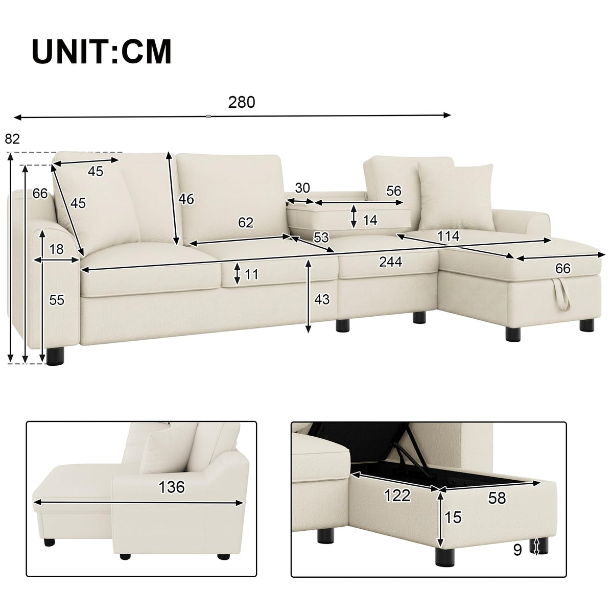 Sofá moderno de chenilla en forma de U con chaise longue, sofá esquinero de 4 plazas con espacio de almacenamiento, puerto USB y tipo C, modular, con soporte para bebidas y cojines suaves