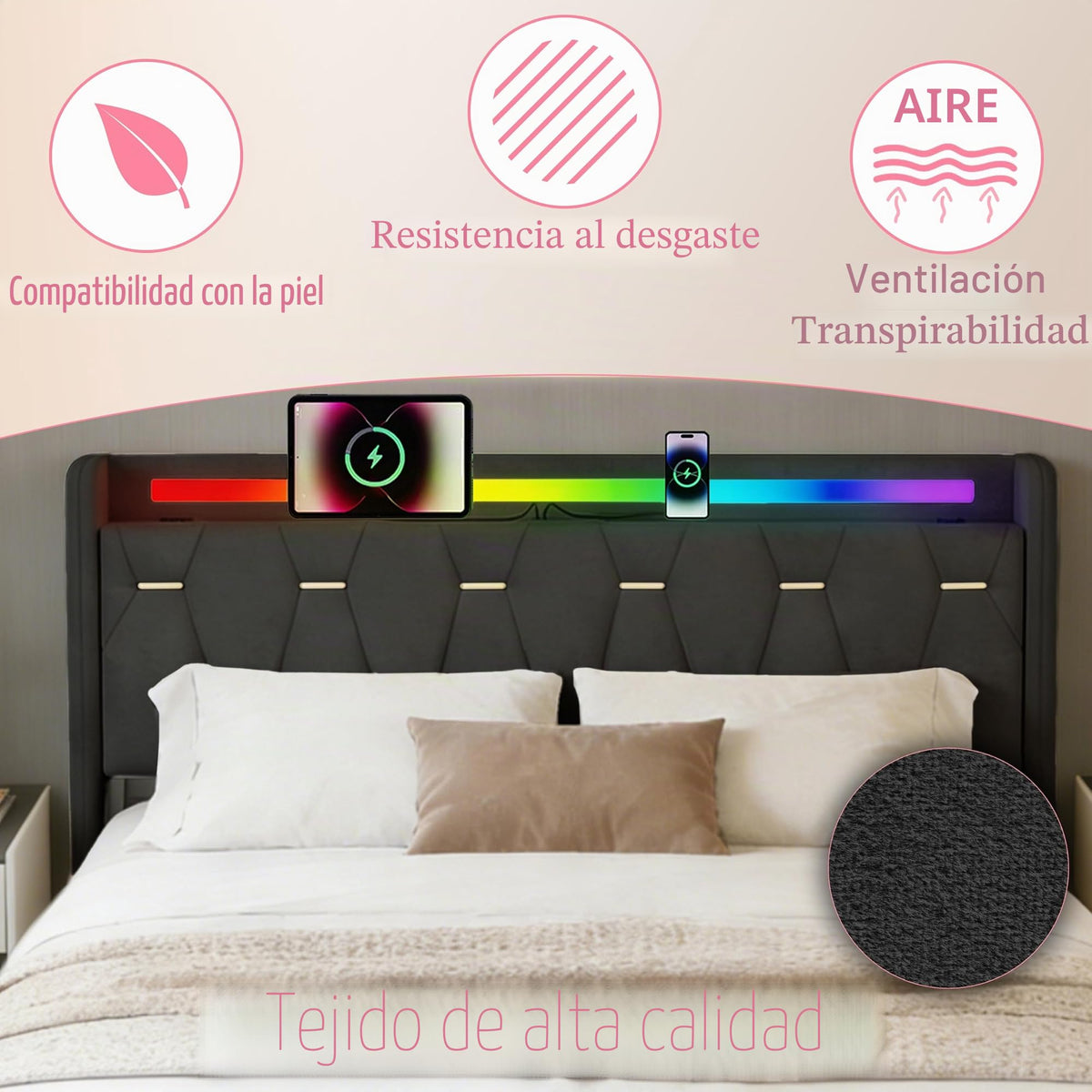 Estructura de Cama 140x200 cm con iluminación LED, Lino, Gris