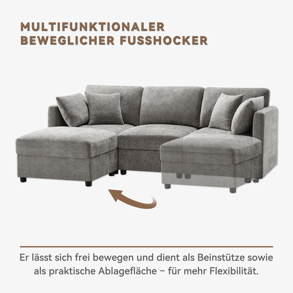 Sofá cama convertible de 3 plazas, sofá esquinero en forma de L con reposapiés, 4 almohadas, reposabrazos ajustables, cómoda tela de chenilla, adecuado para sala de estar, oficina, apartamento