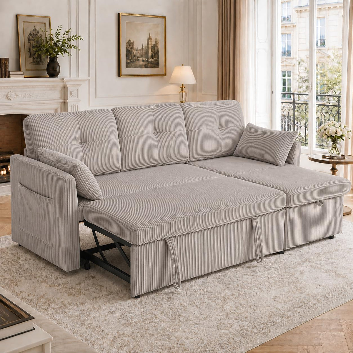 Lubvtti Sofá cama de 3 plazas moderno con función de cama, con espacio de almacenamiento, cargador USB, reposabrazos portaobjetos y 2 cojines, sofá de esquina en L, sofá de 3 plazas, chenilla (C-gris)