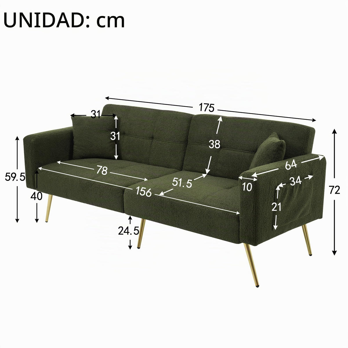 Sofá cama con esquinas ajustables, patas doradas, almohadas y bolsillos laterales para almacenamiento (Bavia)