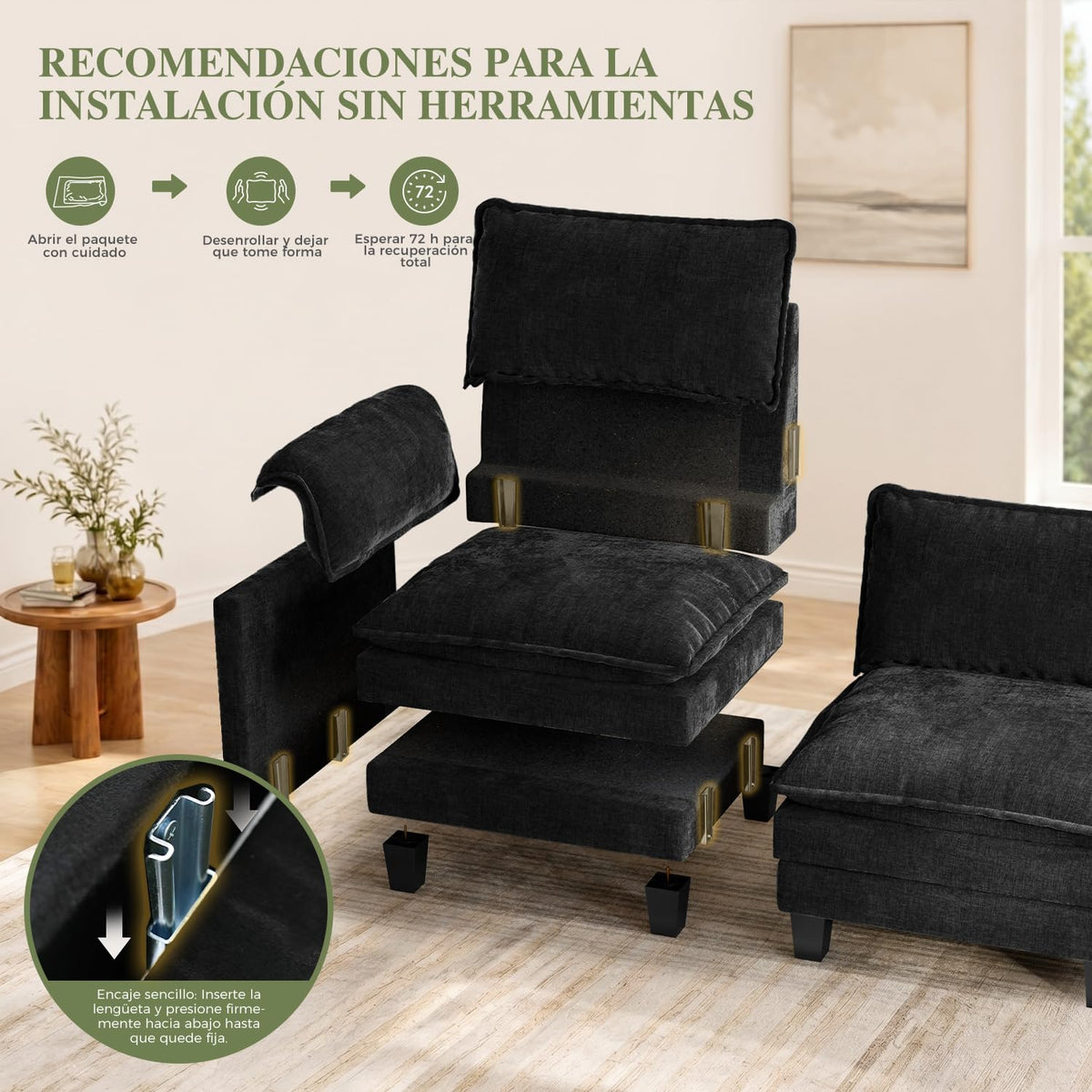 ELUCHANG Sofá Nube Modular 256cm, Sofá de 3 Plazas con Asiento Profundo 62cm, Montaje sin Herramientas, Sofá Moderno de Chenilla para Salón y Habitación, Gris Perla