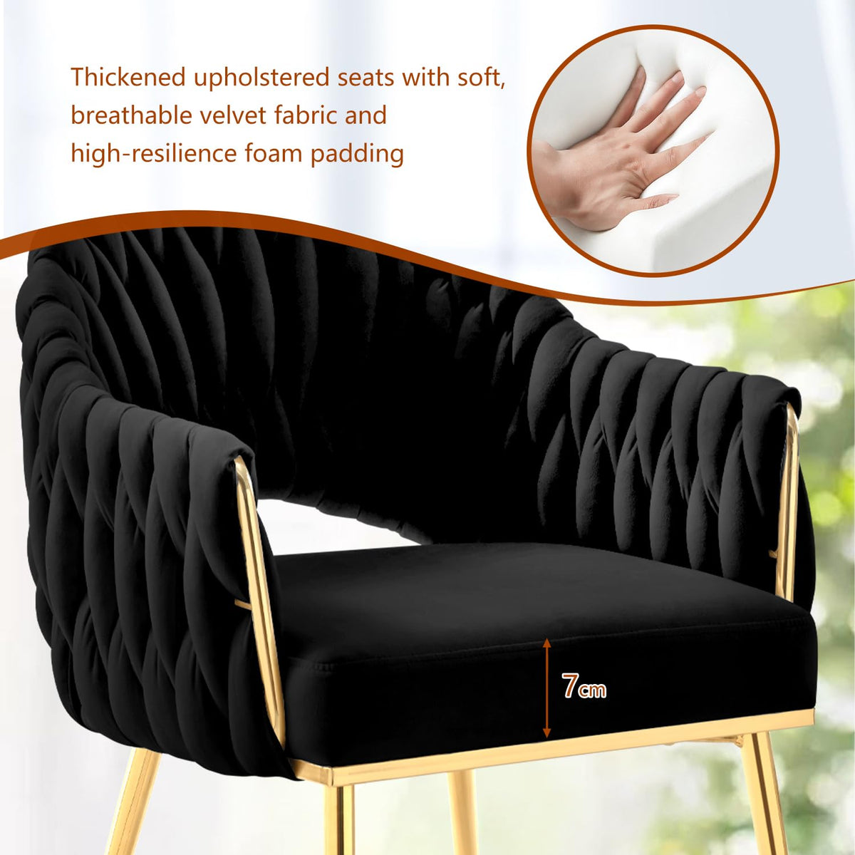 Juego de 4 sillas de comedor de terciopelo, sillones de salón, sillas de comedor con reposabrazos, sillas de cocina con respaldo alto trenzado a mano, silla de tocador con patas doradas