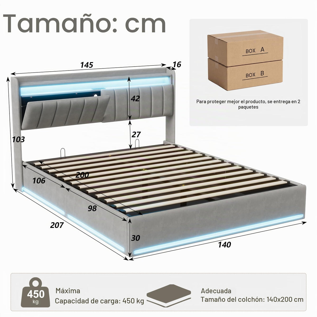 Cama tapizada de 160 x 200 cm, cama doble LED con espacio de almacenamiento, cabecero y función de carga USB C, cama de almacenamiento hidráulico, respaldo con somier de láminas de madera
