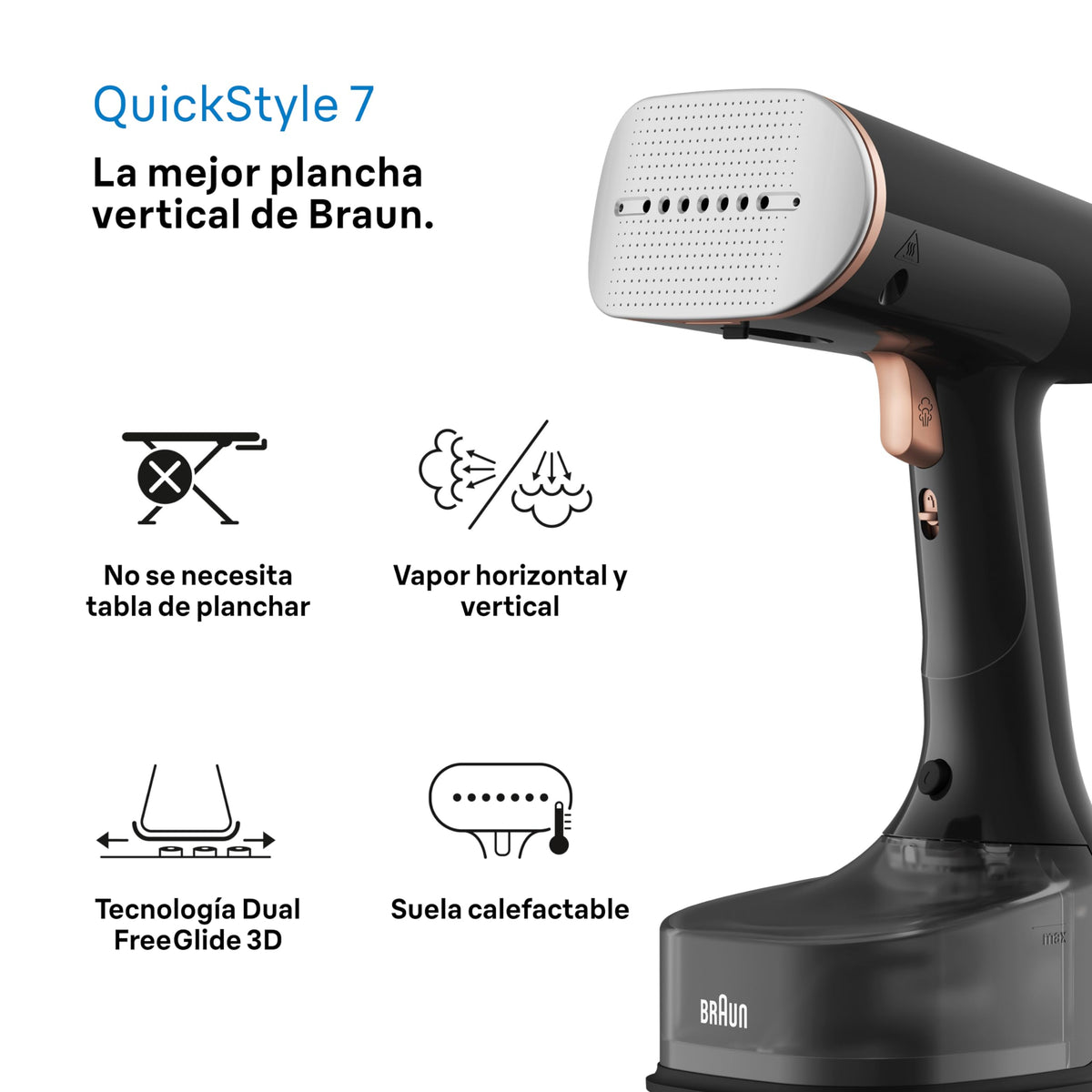 Braun QuickStyle 5 GS5011PU, Plancha Vertical con Doble Placa FreeGlide 3D, Steamer Vertical con Calentamiento Rápido, Vapor 22 g/min, Capacidad 150 ml, 1200W, Blanco/Violeta