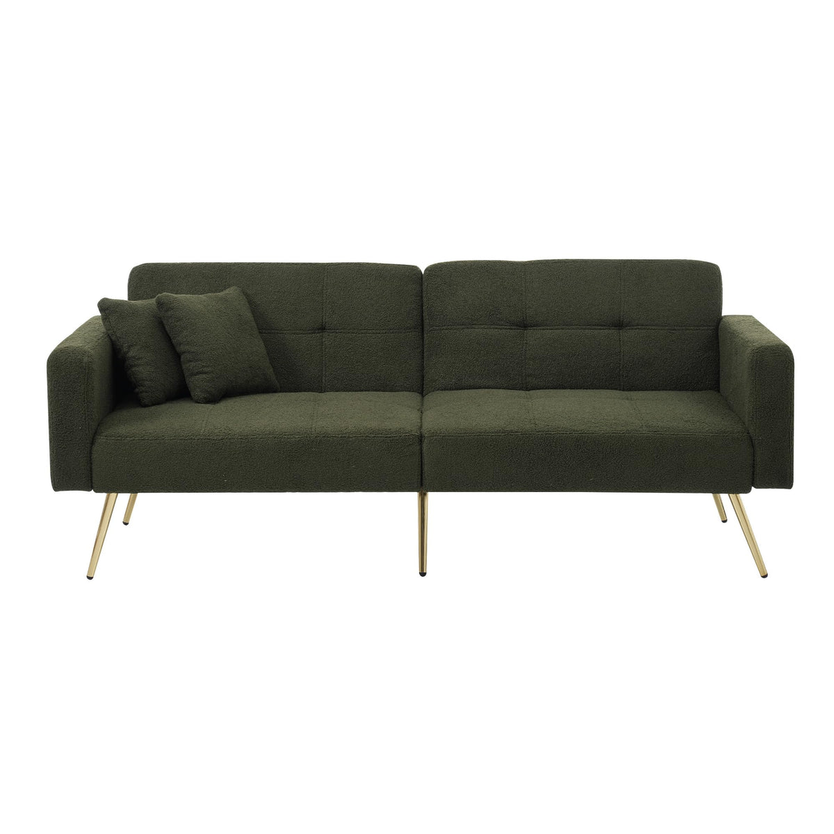 Sofá cama con esquinas ajustables, patas doradas, almohadas y bolsillos laterales para almacenamiento (Bavia)