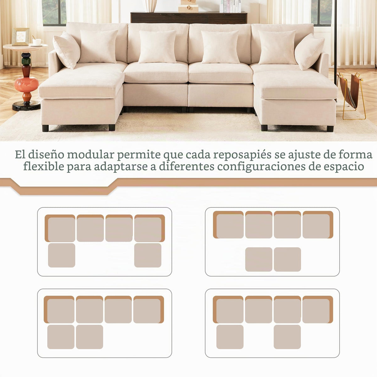 Sapgaks Sofá Seccional en U Moderno,Sofá 4 plazas,Mueble Acolchado de diseño Moderno,Tela de Chenilla (Beige)
