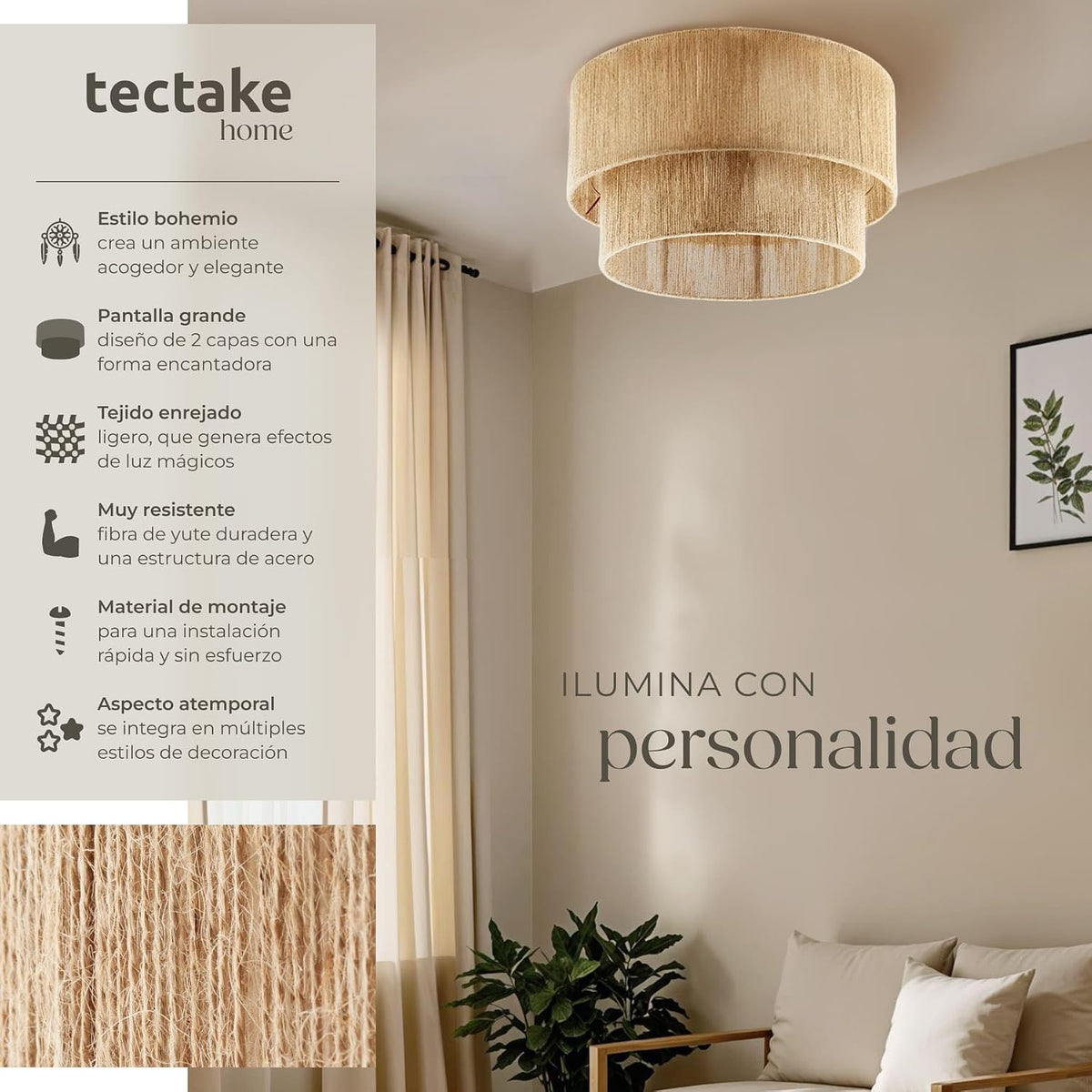 tectake® Lampara Techo Dormitorio Boho Artesanal en Yute Sostenible con Estructura de Acero, Lámpara de Techo Colgante Salón 40 W, Lampara Salon, Plafon - 45 x 45 x 27,5 cm
