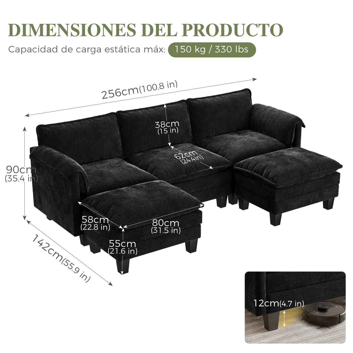 ELUCHANG Sofá Nube Modular 256cm, Sofá de 3 Plazas con Asiento Profundo 62cm, Montaje sin Herramientas, Sofá Moderno de Chenilla para Salón y Habitación, Gris Perla