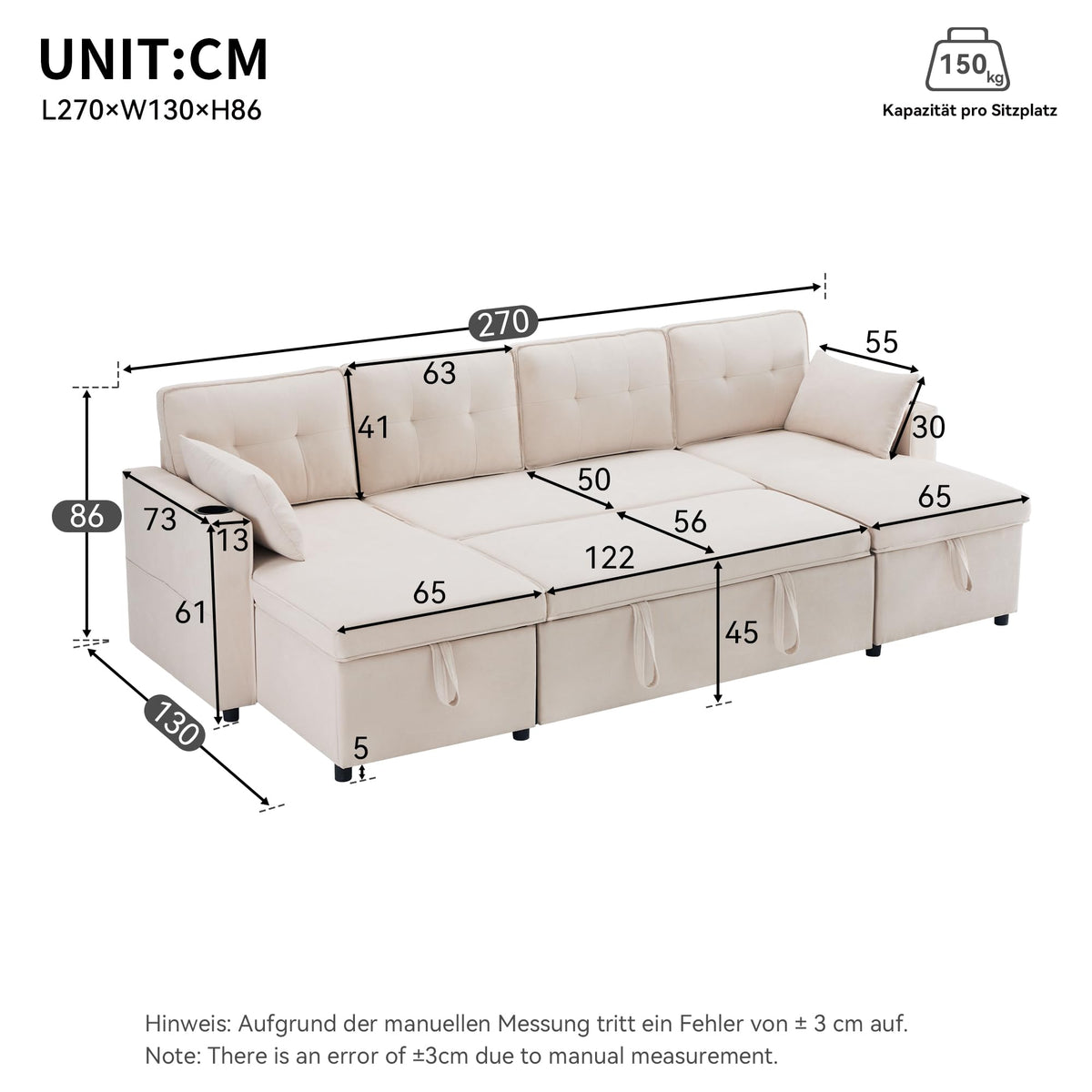 Sapgaks Sofá Seccional en U Moderno,Sofá 4 plazas,Mueble Acolchado de diseño Moderno,Tela de Chenilla (Beige)