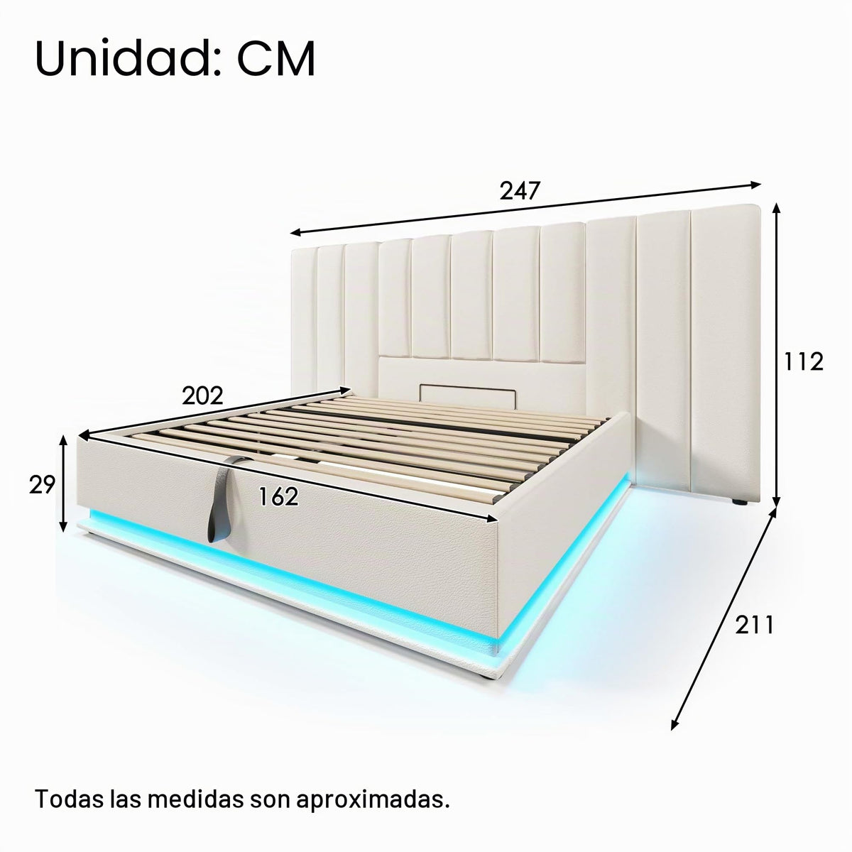 Cama tapizada 180×200cm, Cama Doble con canapé con LED y función de Carga USB-C, PU, sin colchón ni mesita de Noche (Blanco, 180 x 200 cm)
