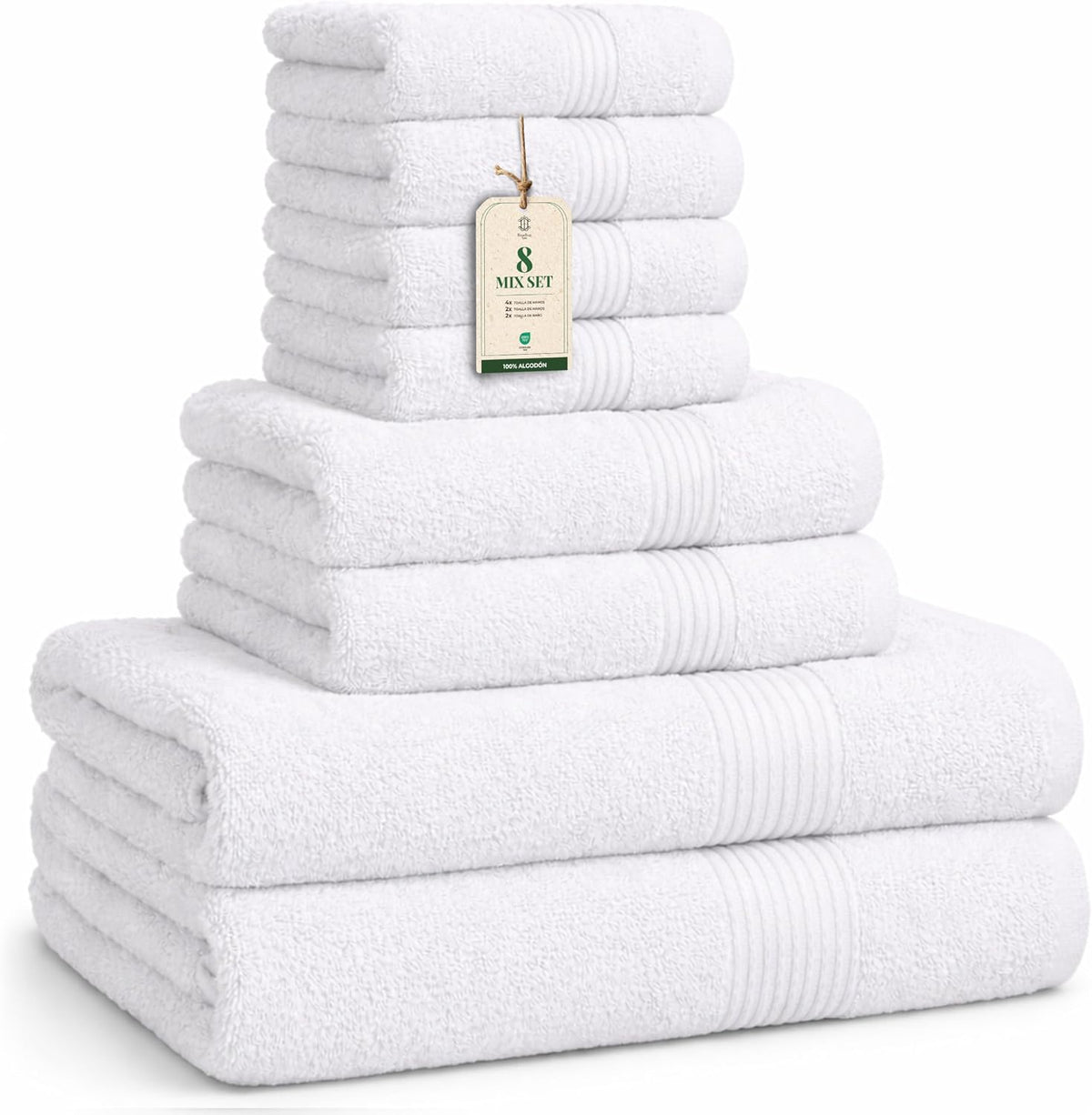 Luxe Set de Toallas 100% Algodón - 8 Piezas, 3 tamaños (30×30, 40×70 y 65×137 cm) - Suaves, absorbentes y de fácil Cuidado, Blanco