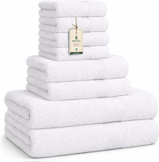 Luxe Set de Toallas 100% Algodón - 8 Piezas, 3 tamaños (30×30, 40×70 y 65×137 cm) - Suaves, absorbentes y de fácil Cuidado, Blanco