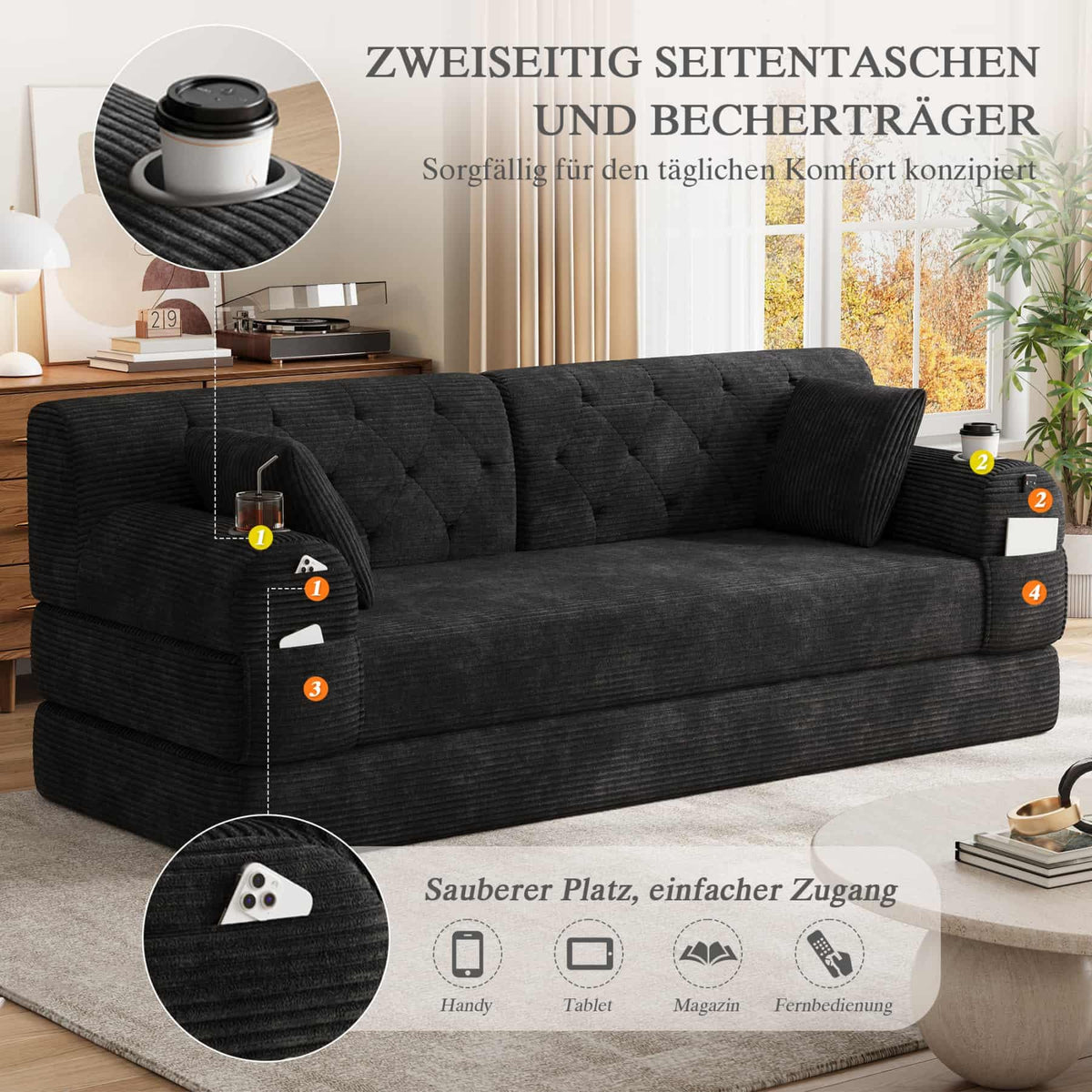 YEHTOKHOME - Sofá de Velor acanalado con respaldo alto y estructura metálica, sofá moderno de 2 plazas con 2 portavasos y 4 bolsillos laterales, para salón, dormitorio (Beige)